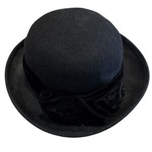Vintage 80s Lord & Taylor Italian Wool Black Bucket Hat Velvet Rosette S/M